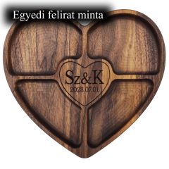 Fa tálaló tál osztott szív alakú Egyedi felirattal